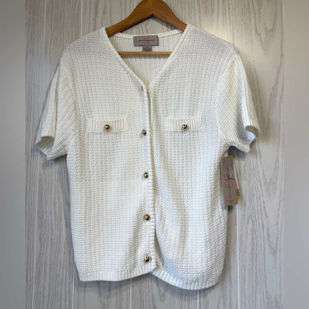 French Connection White Textured Knit Button-Front Cardigan Sweater Medium NWT
